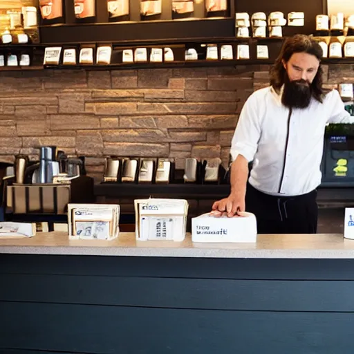 Image similar to jesus working at starbucks behind the counter