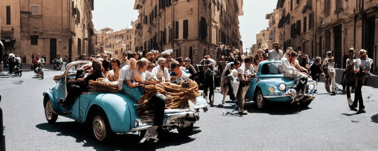 Prompt: a group of people on the streets of rome riding in a car made of spaghetti, canon 5 0 mm, cinematic lighting, photography, retro, film, kodachrome