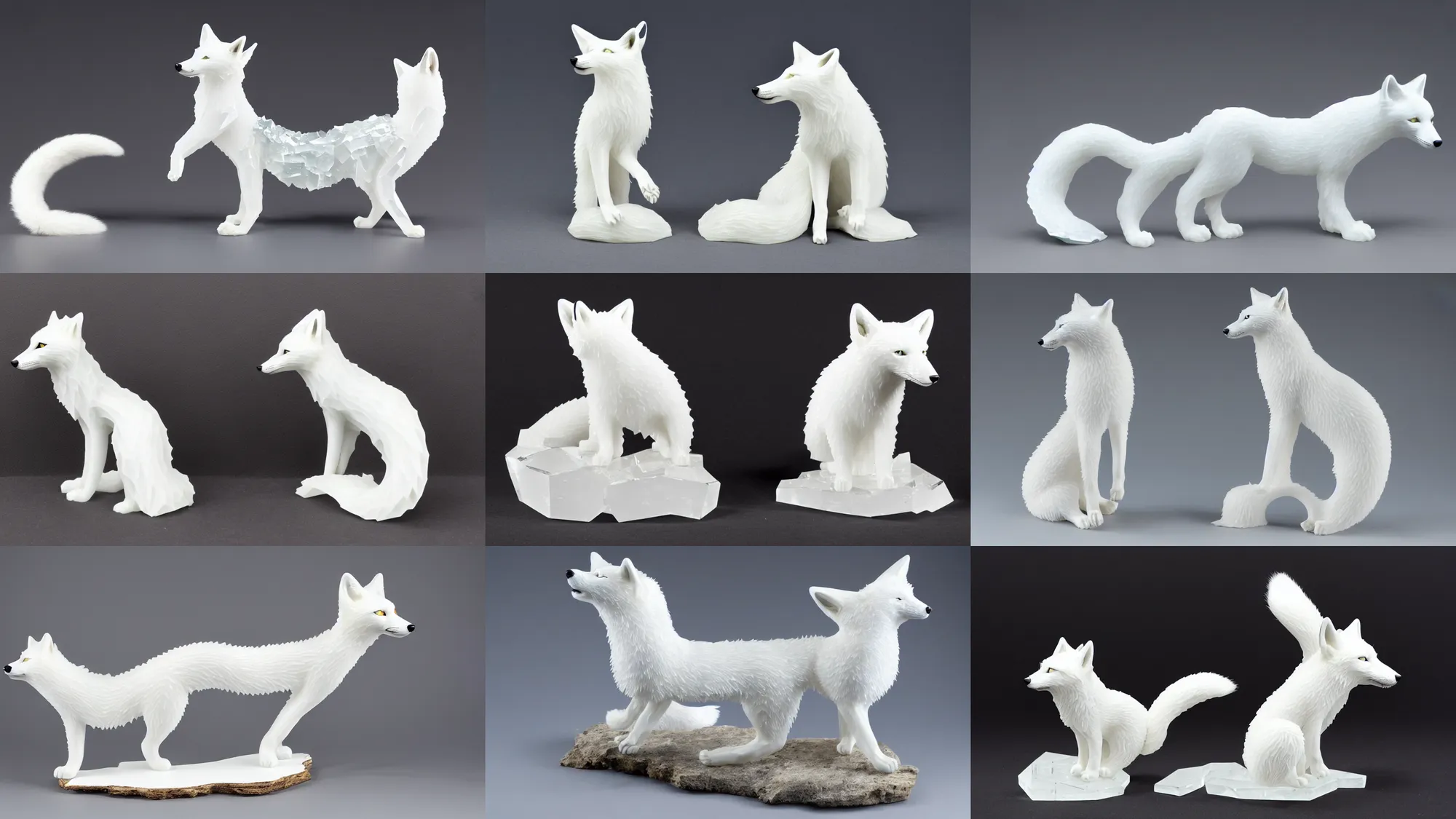 Prompt: jagged glass sculpture of a white fox with visible internal organs