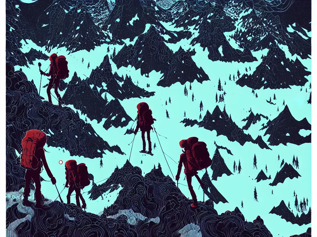 Prompt: backpacking on mountain by balmy enso, jamie hewlett, nicolas delort, moebius, victo ngai, josan gonzalez, kilian eng