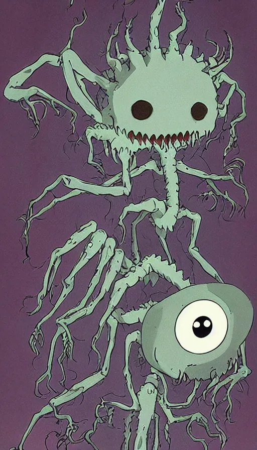 Image similar to horrible creature with many eyes and thin legs by miyazaki, anime