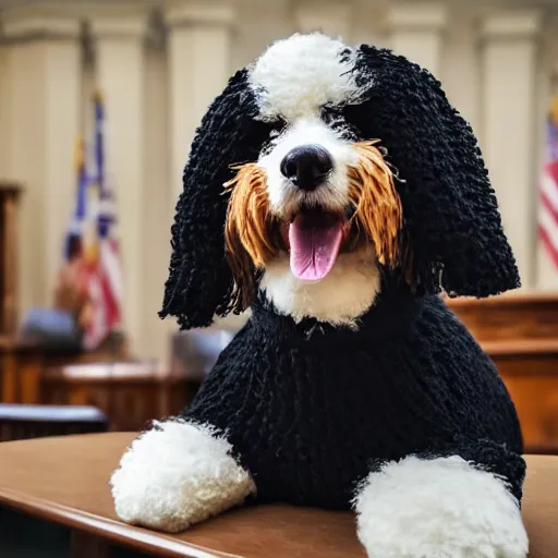 Image similar to a closeup photorealistic photograph of a cute smiling knitted bernedoodle judge dog dressed in a black gown, presiding over the courthouse. indoors, professional capture, well lit shot. this 4 k hd image is trending on artstation, featured on behance, well - rendered, extra crisp, features intricate detail, epic composition and the style of unreal engine.