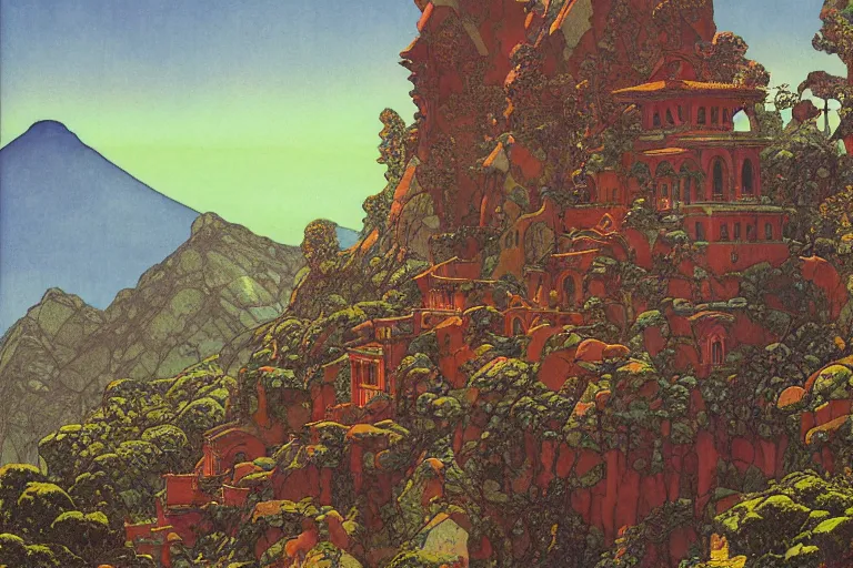 Image similar to ancient temple on a mountainside at dawn | by Edmund Dulac and Maxfield Parrish and Nicholas Roerich and Donato Giancola | ornate carvings| climbing vines| rich color | dramatic cinematic lighting | extremely clear and detailed