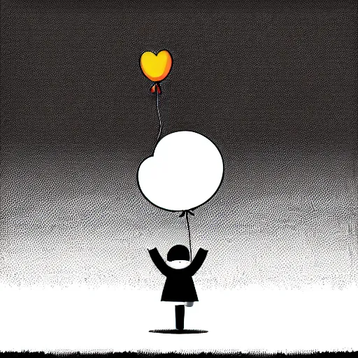 Image similar to book illustration of a balloon character holding a floating human by a string, book illustration, monochromatic, white background, black and white image