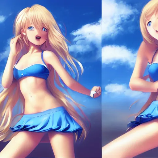 Image similar to a very beautiful proud young anime tennis girl, confident, full body, long wavy blond hair, sky blue eyes, full round face, bikini, miniskirt, front view, mid - shot, highly detailed, cinematic wallpaper by stanley artgerm lau