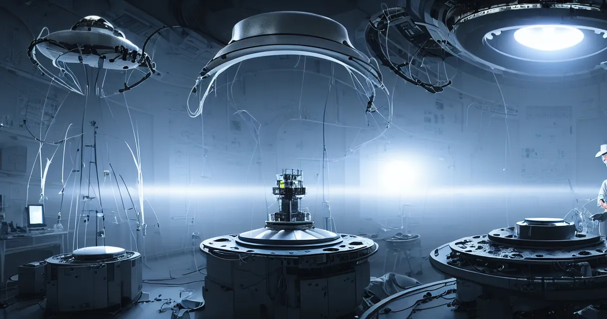 Prompt: engineer carefully repairs top secret flying saucer with ripped reactor, in the hightech laboratory full of different advanced metal equipments like holographic tomograph, quantum sensor resonator, laser atomic microscope, electronic machines and military scientific parts, very high details, volumetric fog, raytracing, back light, raymarching, by ilm, by digital domain, by weta digital