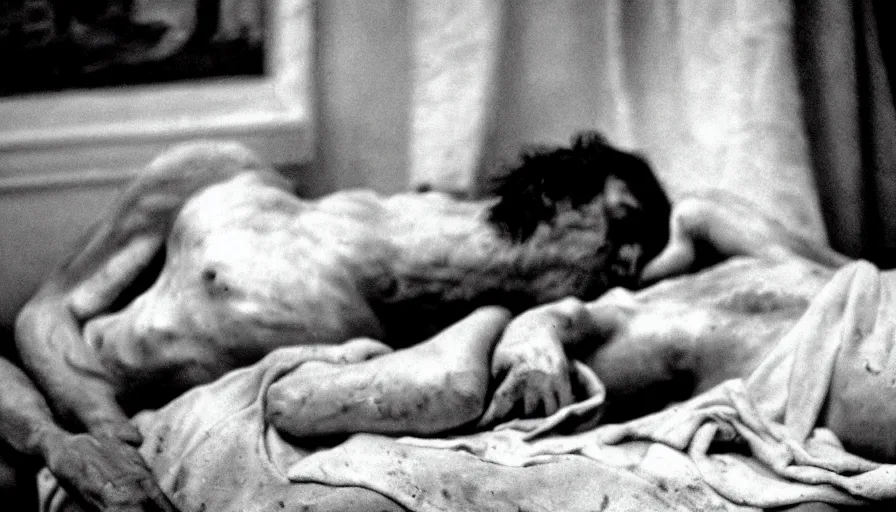 Prompt: movie still of jean - paul marat wounded at the chest, bleeding in the bath, cinestill 8 0 0 t 3 5 mm b & w, high quality, heavy grain, high detail, cinematic composition, dramatic light, anamorphic, ultra wide lens, hyperrealistic, by josef sudek