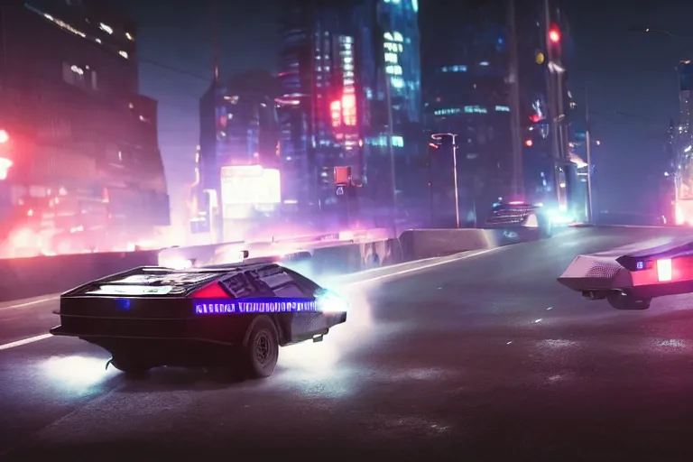 Image similar to photo of the back to the future combat delorean being chased by police on wet cyberpunk city streets at night, rocket league tank, mad max, action, speed, volumetric lighting, hdr, gta 5, makoto shinkai, syd mead, craig mullins, cinematic, fast and furious, octane, 8 k, iso 1 0 0, 1 2 mm