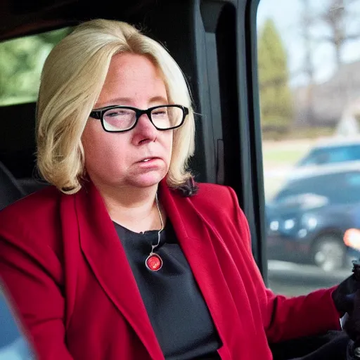 Image similar to angry liz cheney working at a mcdonald's drive - thru