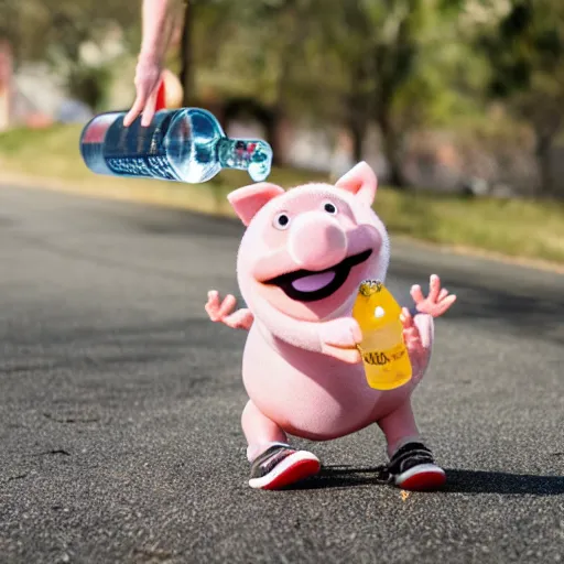 Image similar to pig working out wearing a gold crown as a Muppet holding a water bottle 8k