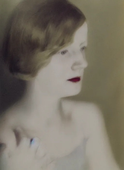 Image similar to out of focus photorealistic portrait of < zelda fitzgerald > as a beautiful young lady by sarah moon, very blurry, translucent white skin, closed eyes, foggy, closeup