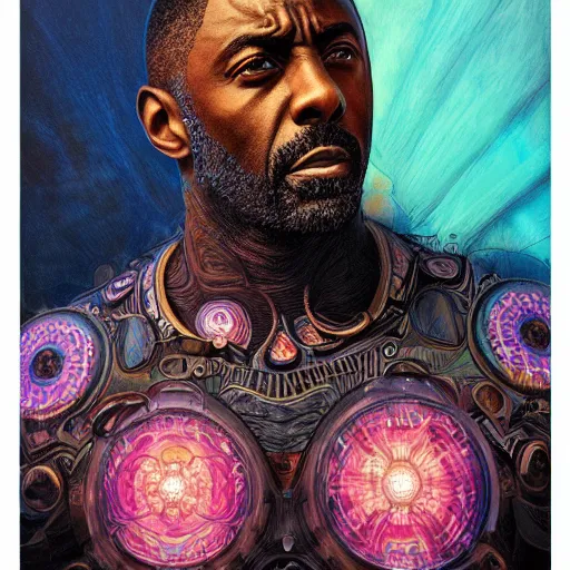 Image similar to portrait of idris elba, hyper detailed masterpiece, neon floral pattern, jean giraud, digital art painting, darkwave goth aesthetic, psychedelic, artgerm, donato giancola and tom bagshaw