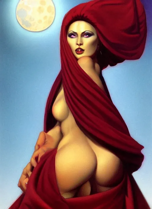 Image similar to portrait of plump norse goddess of the moon, maroon and black robe and veil, strong line, deep color, beautiful! coherent! by boris vallejo