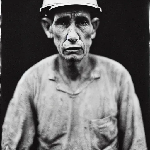 Prompt: portrait of coal mine worker by Diane Arbus, 50mm, black and white photography