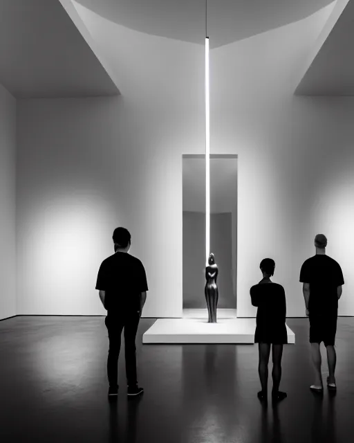 Prompt: a bw photo of a big minimalist art gallery with a monumental wax sculpture of a delicate young female cyborg with a luminous brain. shadowed people standing in the art gallery look at the monumental sculpture. rim light, cinematic, studio dramatic light, poetic, octane render, 8 k, photo - realistic