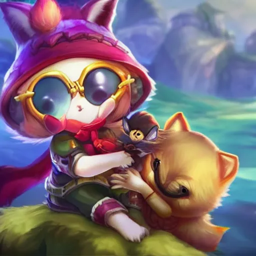 Image similar to league of legends teemo holds yuumi by her scruff, league of legends splash art