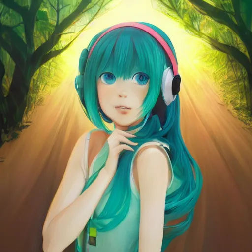 Image similar to portrait of Hatsune Miku, forest background, rich vivid colors, ambient lighting, dynamic lighting, 4k, HQ, official media, anime key visual, makoto shinkai, ilya kuvshinov, lois van baarle, rossdraws, detailed, trending on artstation