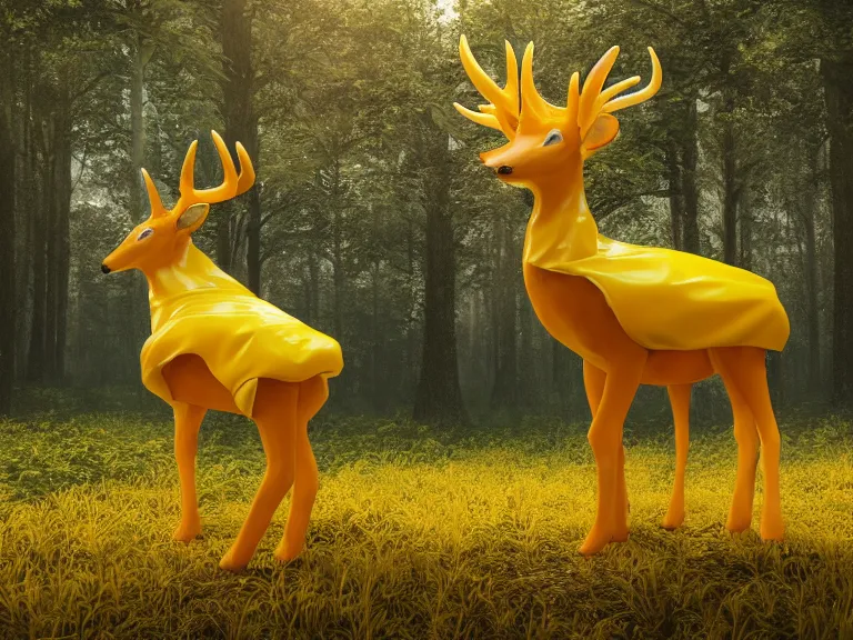 Prompt: A bubalope is a mutant deer with large yellow translucent leather sacks growing on its back. Concept art, octane render, extremely high detail, detail, hyperrealism, cinematic, 8k, depth of field