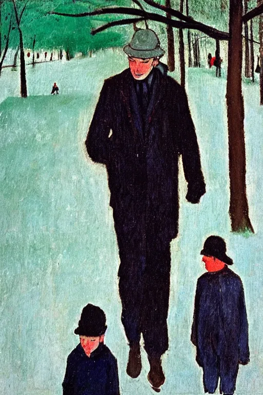 Prompt: a very tall man with dark hair holding the hands of a short young boy as they walk in a park on a bright beautiful winter day. part in the style of an edgar degas painting. part in the style of david hockney. triadic color scheme