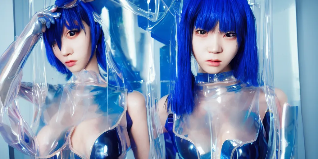 Prompt: a close - up risograph long shot of cyberpunk japanese model girl with black eyes and pretty face wearing latex catsuit and lots of transparent and cellophane accessories, blue hour, twilight, cool, portrait, kodachrome, iso 1 2 0 0,