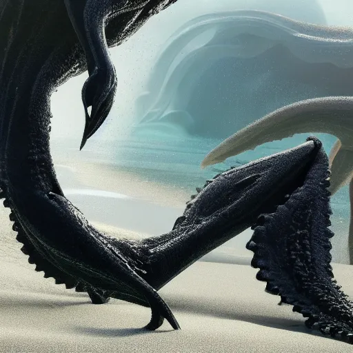 Image similar to stunning cinematic wide shot of a beautiful slick sleek smooth humanoid sea monster wearing clothes made of seaweed on a white sand beach, hands grasping large fulgurites. well designed perfect with slick led eyes, sharp claws, cgsociety, hd octane render, fantasy, furry art, artstation, deviantart, furaffinity, very very clean