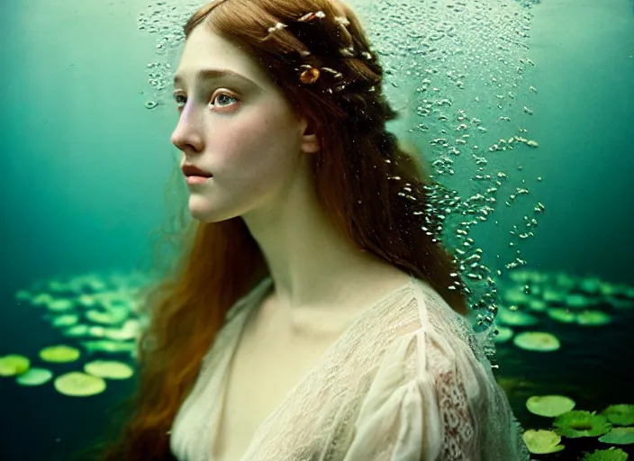 Prompt: Kodak Portra 400, 8K, soft light, volumetric lighting, highly detailed, britt marling style 3/4 ,portrait photo of a beautiful woman how pre-Raphaelites painter, part of the face is underwater of a pond with water lilies, , she has a beautiful lace dress and hair are intricate with highly detailed realistic beautiful flowers , Realistic, Refined, Highly Detailed, natural outdoor soft pastel lighting colors scheme, outdoor fine art photography, Hyper realistic, photo realistic,warm lighting,