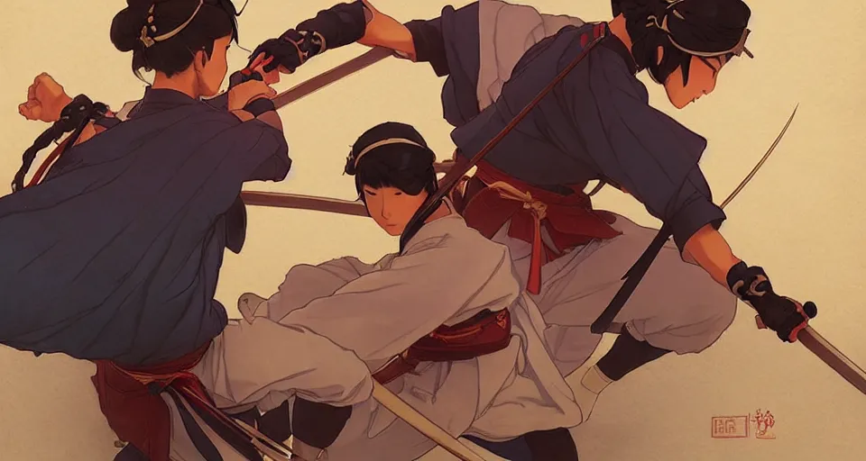 Image similar to samurai training school, in the style of studio ghibli, j. c. leyendecker, greg rutkowski, artgerm