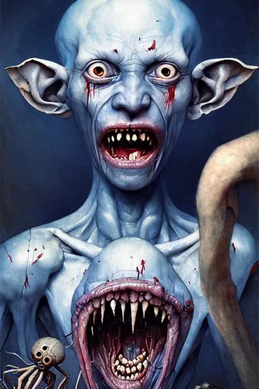 Prompt: hieronymus bosch, greg rutkowski, anna podedworna, painting of a blue skinned elf with spider arms and legs, bloody, screaming, high detail, extreme close up, insane face