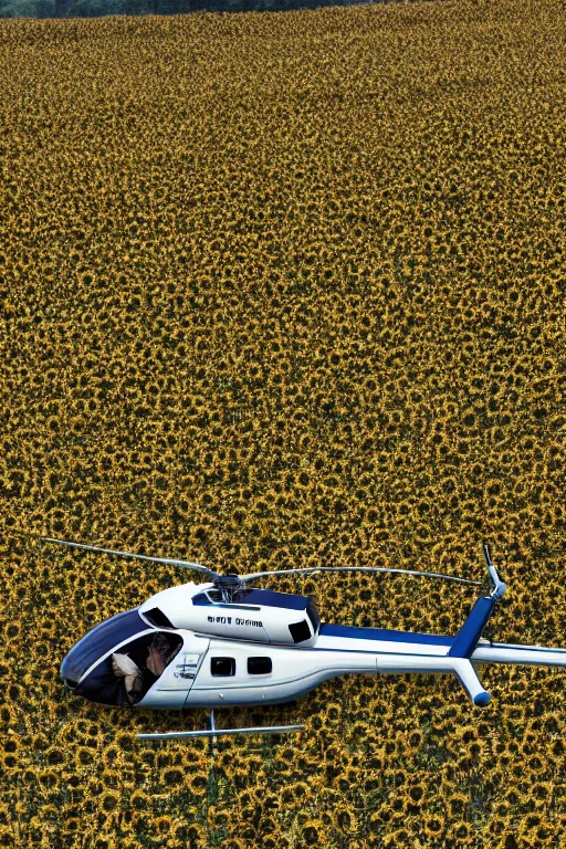 Image similar to Helicopter landing in a sunflower field, five people waiting on the land in suits