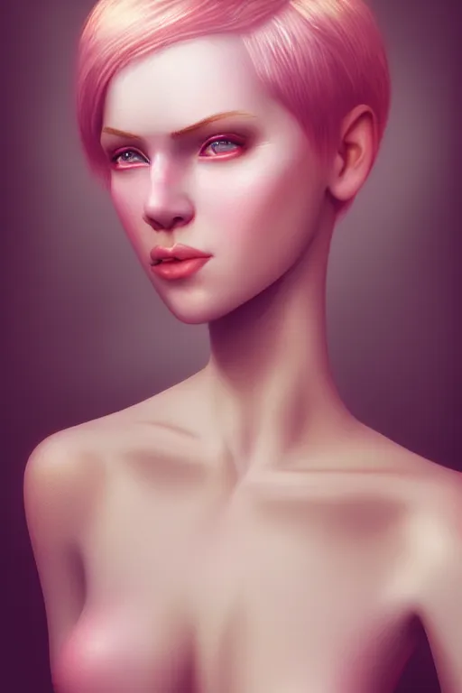 Image similar to Portrait of a beautiful pale skin Nordic female with short pink hair, elegant, photorealistic, highly detailed, artstation, smooth, sharp focus, gold ornaments, neon lighting, sci-fi, art by Klimt.