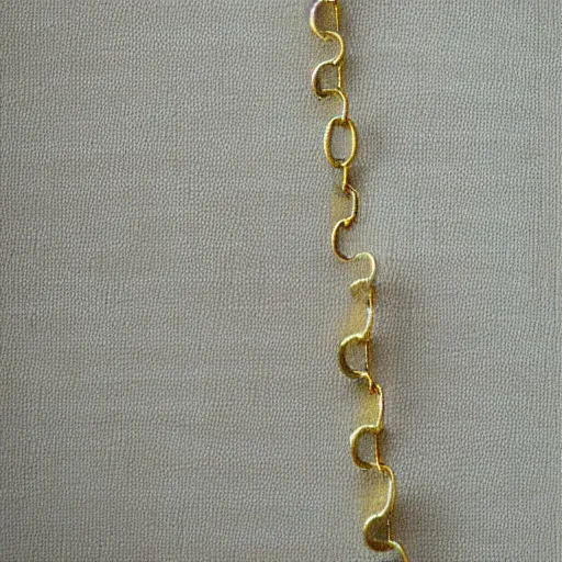 Image similar to a studio photoshoot of a Gold Beaded Chain with 12 beads, designed by Tom Sachs, realistic, color film photography by Tyler Mitchell, 35 mm, graflex