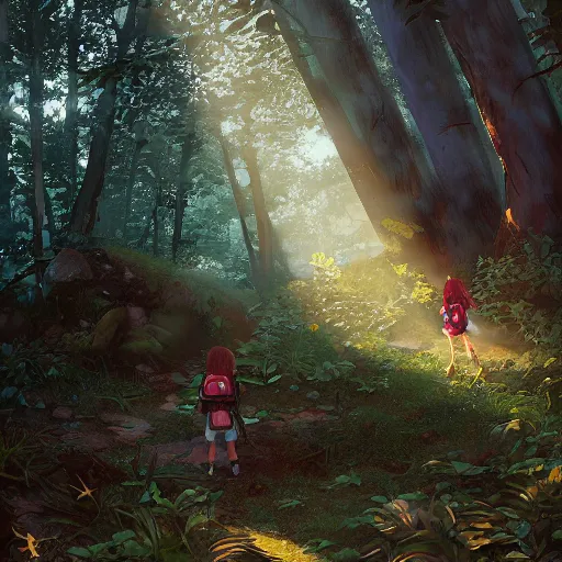 Prompt: a red - haired explorer girl kid with a backpack and a map, in the deep forest, lit by sunbeams, by loish, unreal 5,