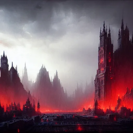 Prompt: beautiful fantasy city made from black stone and red iron, medieval city, metropolis, dark gorgeous clouds, black marble, lava, digital art, landscape, fantasy art, octane render, unreal engine, high detail, very realistic, horror, thick red fog, by greg rutkowski. by james gurney