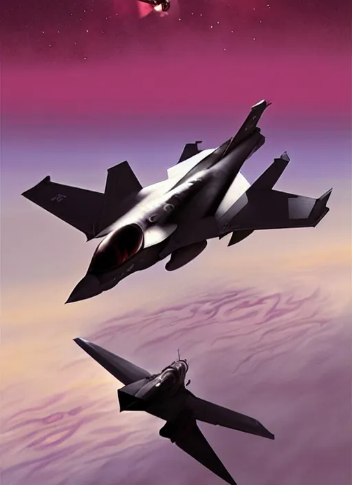 Image similar to poster artwork by michael whelan and tomer hanuka, a portrait, f 3 5 jets dogfighting in the clouds of jupiter, clean