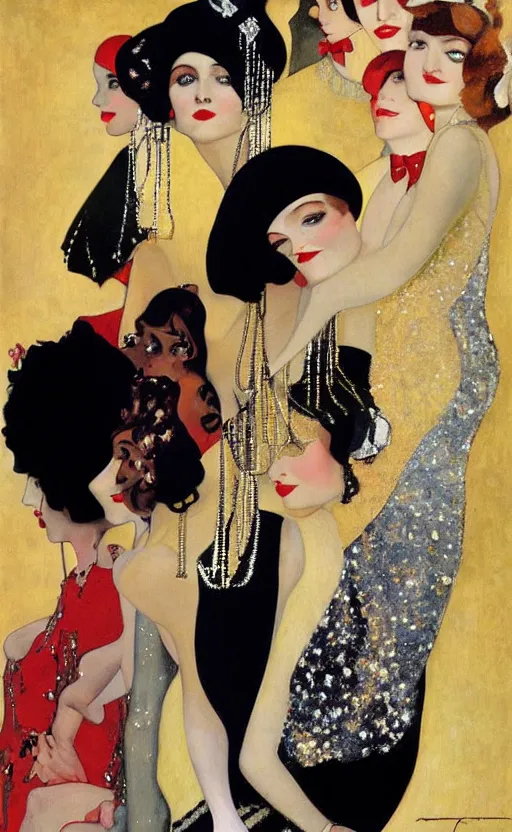 Image similar to an oil painting of jazz age high society life, 1920s style, dressed in 1920s fashion, smooth, highly detailed, high contrast, by Klimt, Coles Phillips, Dean Cornwell, JC Leyendecker, 8K