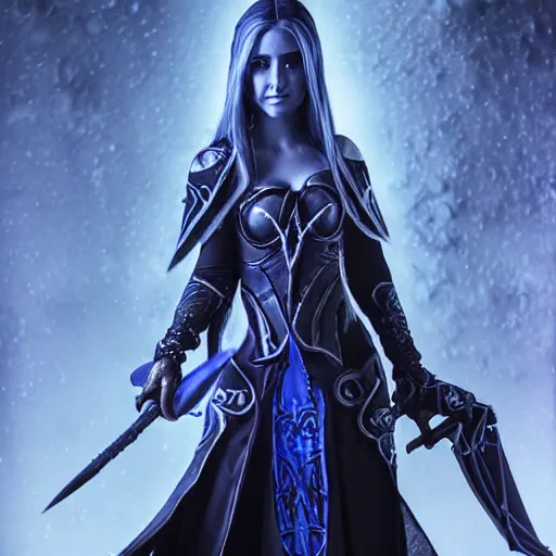 Prompt: realistic world of Warcraft Jaina Proudmore death knight as the Wrath of the Lich Queen with blue foggy eyes