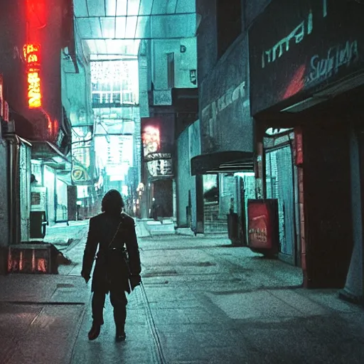 Image similar to jon snow walking on the sidewalk in a cyberpunk city late at night, wide - angle, photographed on colour expired film, detailed photograph