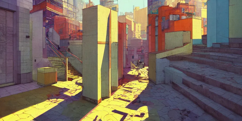 Image similar to neo brutralism, concrete housing, a long stairway going up, concept art, colorful, vivid colors, sunshine, light, shadows, reflections, oilpainting, cinematic, 3D, in the style of Akihiko Yoshida and Edward Hopper