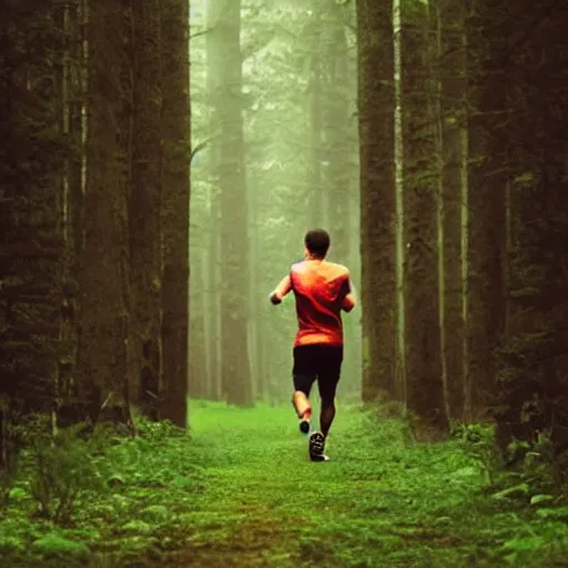 Prompt: a sporty guy runs alone through a forest with tall trees, acid-green sneakers, a shot from the back in perspective, art by Robert Kirkman,