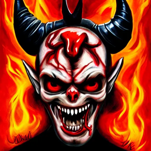 Image similar to the _ devil _ holding _ a _ skull _ red _ horns _ ominous _ fiery _ background _ symmetrical _ detailed _ face _ despair _ highly _ detailed _ high _ resolution _ sandro _ botticel