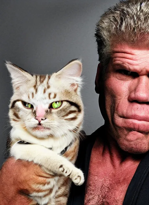 Prompt: photo portrait of super muscular frowning Ron Perlman holding a cat