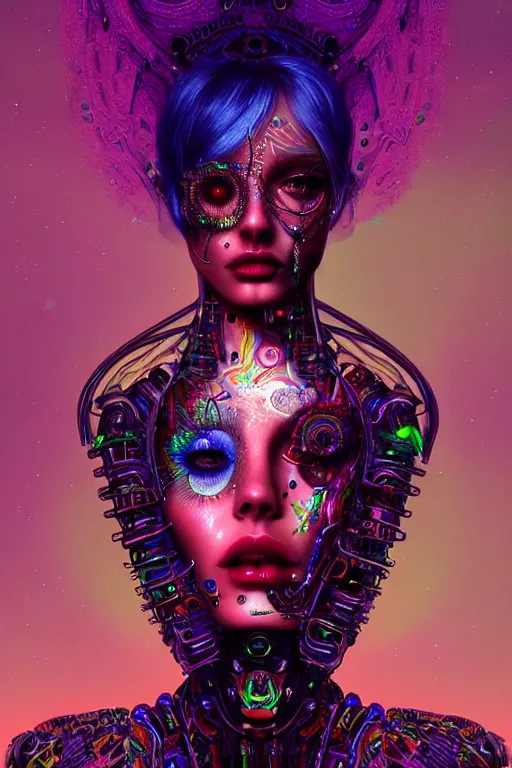 Image similar to extremely beautiful psychedelic cyborg queen of lsd. intricate, elegant, highly detailed lifelike photorealistic extremely lush digital painting. masterpiece. melancholic scene infected by night. perfect composition and lighting. sharp focus. artstation. sultry.