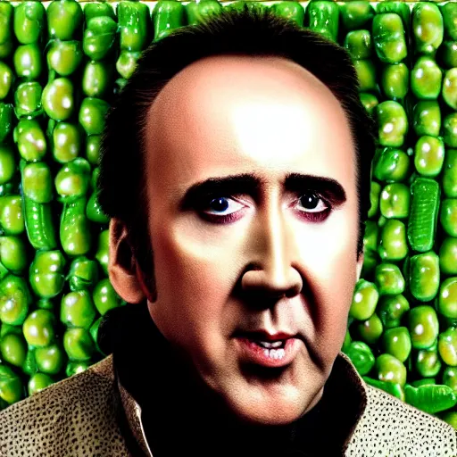 Prompt: nicolas cage trapped in a wicker cage with peas on his face, dying