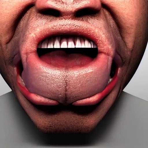 Image similar to extreme closeup photo of a man with a very wide open mouth with a skull inside his mouth, 3D render,subsurface scattering,global illumination,raytracing,studio lighting,cinematic,photorealistic,4k, UHD, HDR