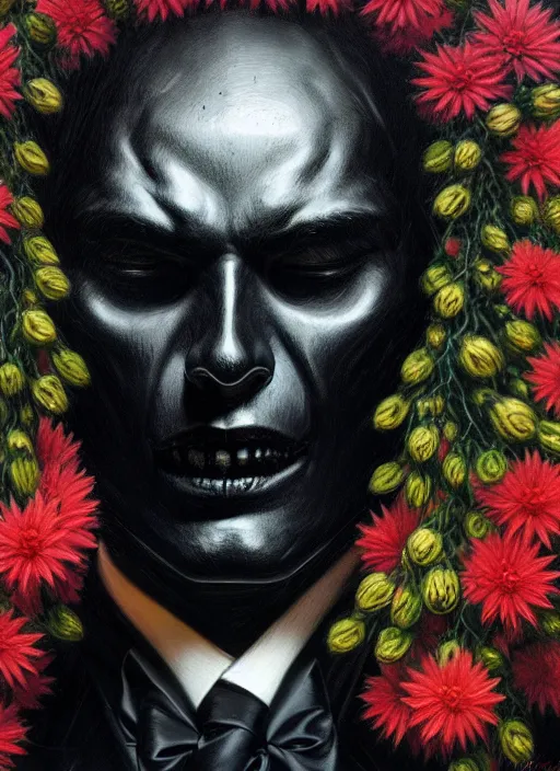 Image similar to an man in a black suit with a head made of flowers and roots, no face, intricate, highly detailed, concept art, hyperrealistic, oil painting by greg staples, 8 k