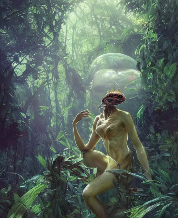 Image similar to portrait of an alien insect creature, adorable, childlike, overgrown environment, ultra realistic, concept art, psychedelic, photorealistic, octane render, 8 k, unreal engine. art by christopher marley and artgerm and greg rutkowski and alphonse mucha