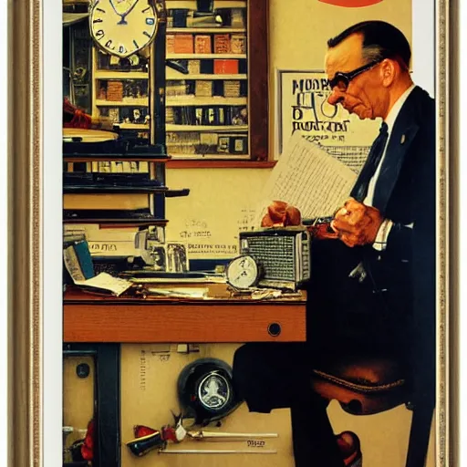 Image similar to A Pround doctor looking at his new watch, artwork by Norman Rockwell, cinematic view, high quality