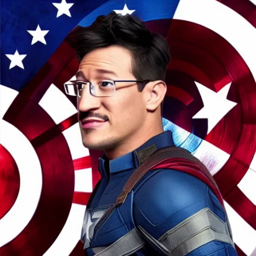 Image similar to Markiplier as Captain America, photorealistic, shot on iphone, cinematic lighting