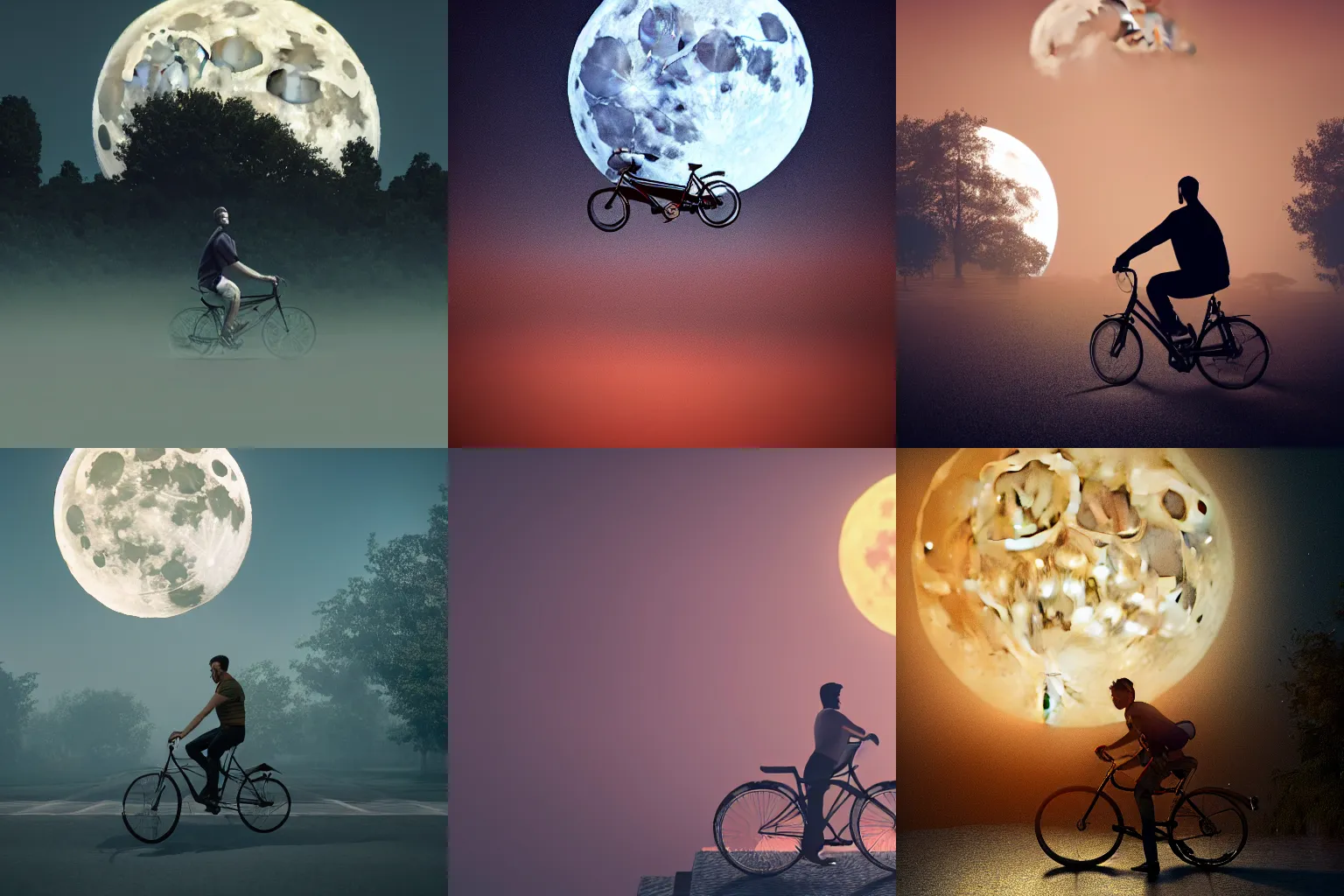 Prompt: high detail photograph of a man riding a bicycle floating in front of big moon, cinematic, atmospheric, spooky, hazy, 8k, unreal engine 5, octane render, tranquil