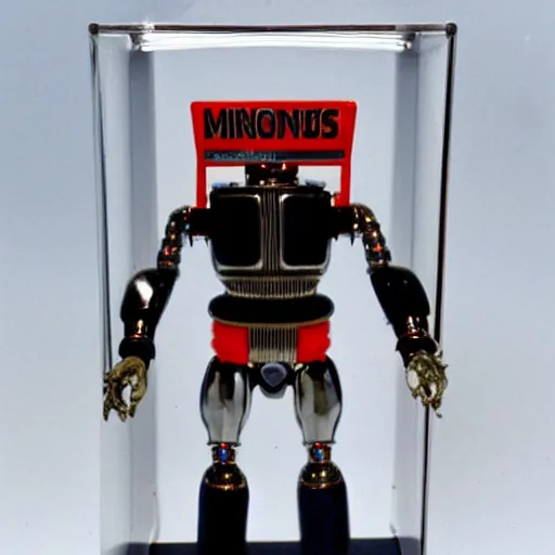 Prompt: vinyl plastic jumbo micronauts antron toy action figure, 6 0 cm tall in a plexiglass box enclosure at a toy museum, circa 1 9 7 9